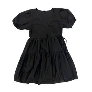 Cute Black Zara Dress Puff Sleeves, Faux Wrap, Side Tie Size M